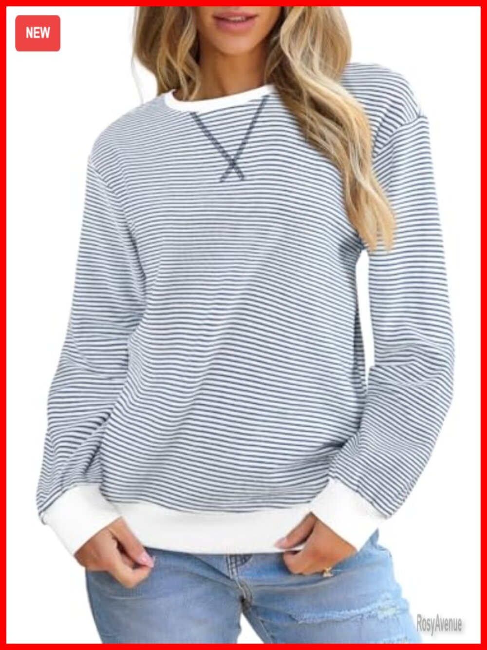 Womens Striped Crewneck Sweatshirt Pullover Long Sleeve Top